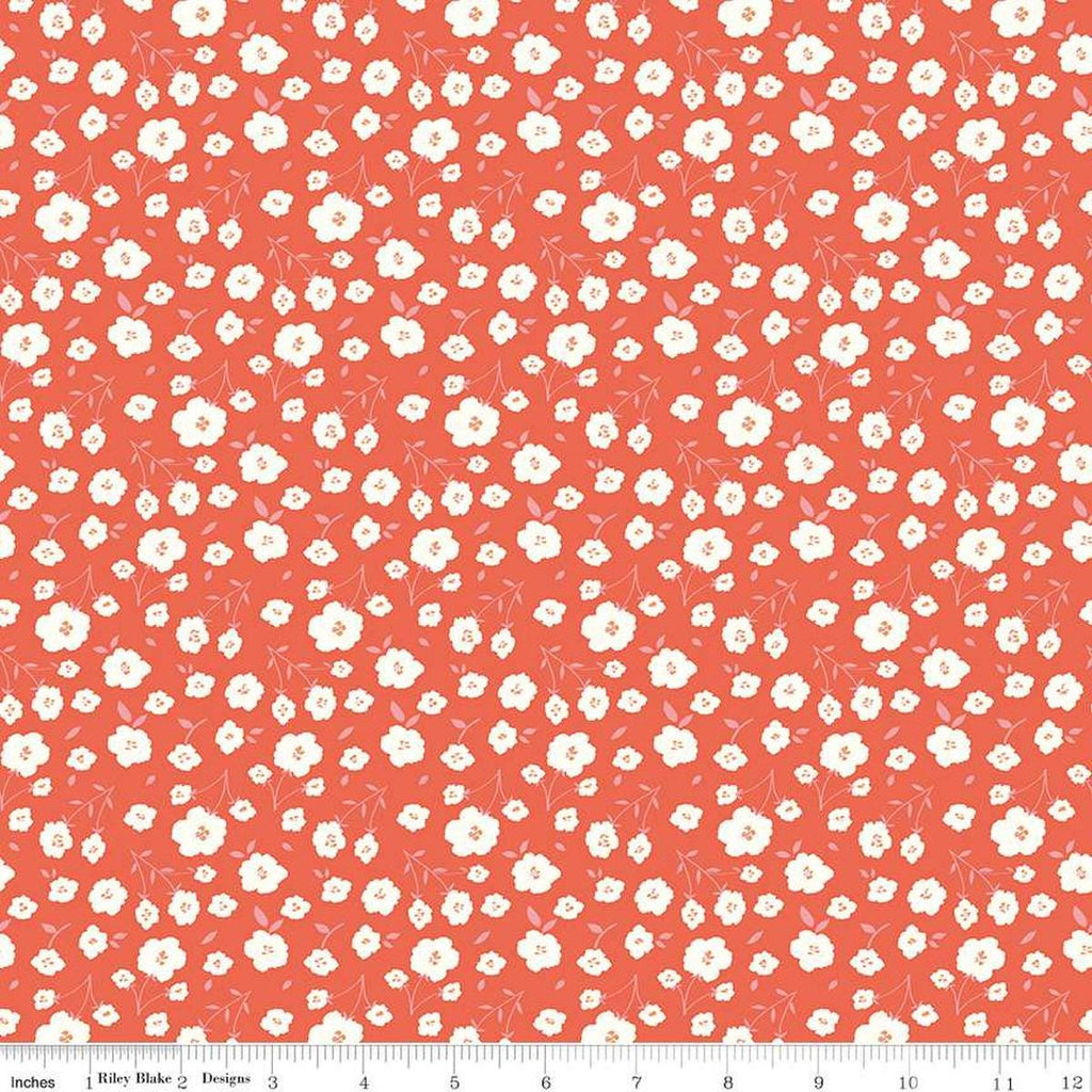 Image of the Sunsetridge Flowers Rouge quilting cotton fabric by Minki Kim for Riley Blake Designs. Features flowers on an orange background. Cute Little Fabric Shop