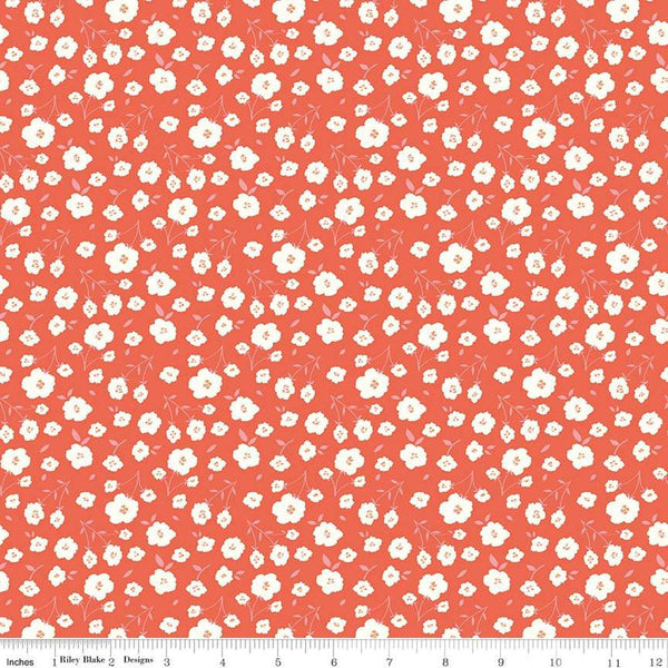 Image of the Sunsetridge Flowers Rouge quilting cotton fabric by Minki Kim for Riley Blake Designs. Features flowers on an orange background. Cute Little Fabric Shop