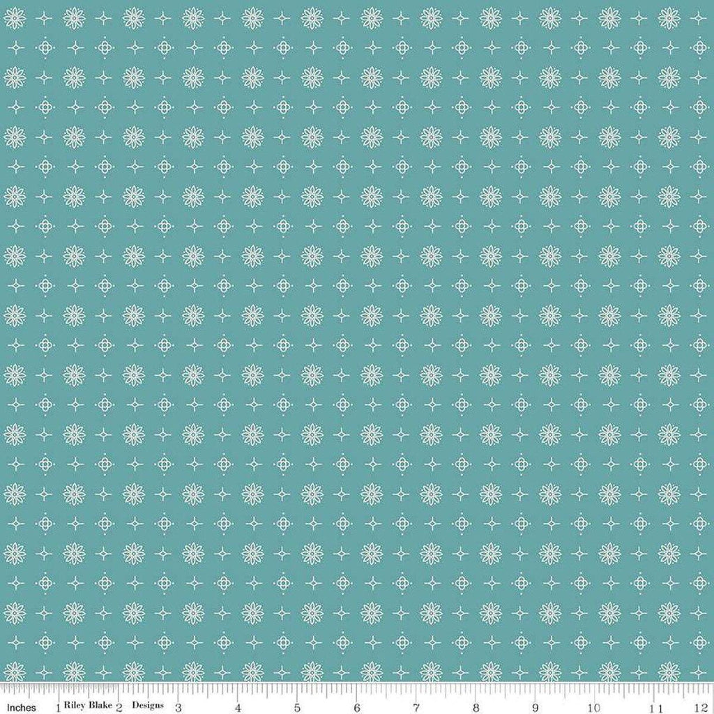 Image of the Americana Lincoln Raindrop quilting cotton fabric by Lori Holt for Riley Blake Designs. Features flowers on a blue background. Cute Little Fabric Shop