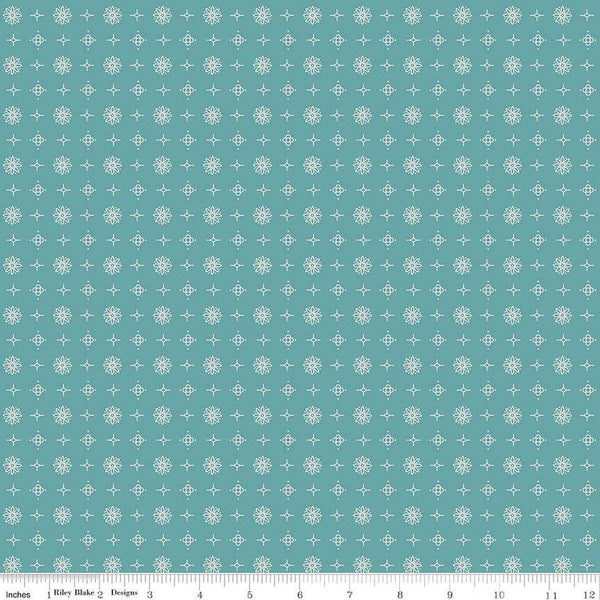 Image of the Americana Lincoln Raindrop quilting cotton fabric by Lori Holt for Riley Blake Designs. Features flowers on a blue background. Cute Little Fabric Shop
