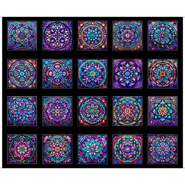 Image of the Night Flight Stained Glass Blocks Panel Black. Features colorful vivid mandalas. 
Cute Little Fabric Shop