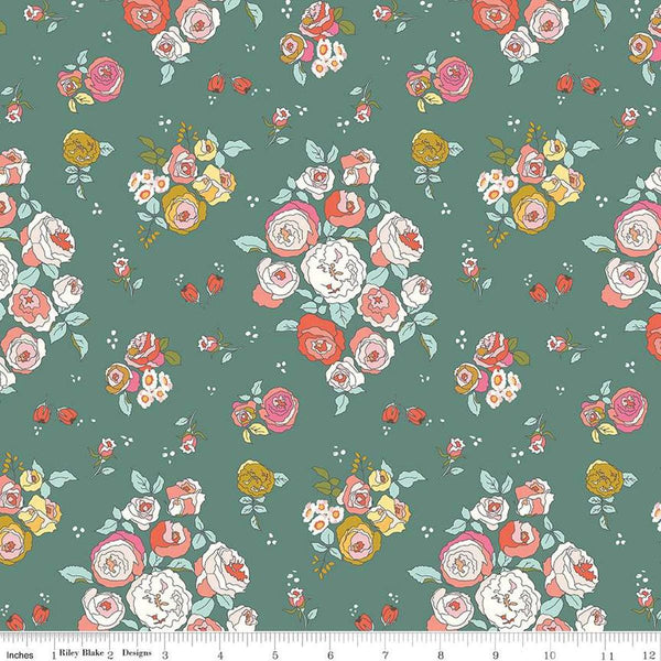Image of the Sunsetridge Main Lodge Pole quilting cotton fabric by Minki Kim for Riley Blake Designs. Features flowers on a green background. Cute Little Fabric Shop