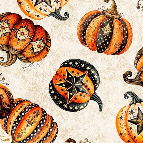 Image of the Jeepers Creepers Decorative Pumpkin Toss Cream quilting cotton fabric. Features halloween icons on a cream background. Cute Little Fabric Shop