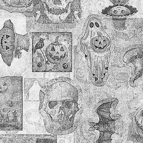 Image of the Jeepers Creepers Ephemera Gray quilting cotton fabric. Features halloween icons on a gray background. Cute Little Fabric Shop