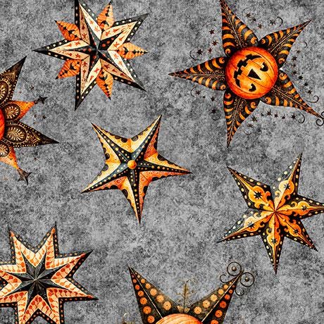 Image of the Jeepers Creepers Stars Smoke quilting cotton fabric. Features halloween icons on a gray background. Cute Little Fabric Shop