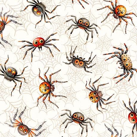 Image of the Jeepers Creepers Spiders Cream quilting cotton fabric. Features halloween icons on a cream background. Cute Little Fabric Shop