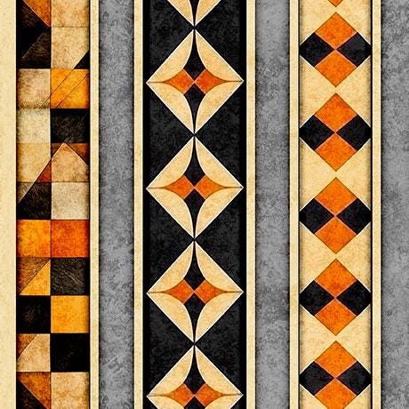 Image of the Jeepers Creepers Halloween Geo Stripe Multi quilting cotton fabric. Features halloween icons on a black background. Cute Little Fabric Shop