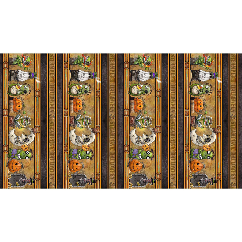 Image of the Steampunk Halloween 3 Border Brown quilting cotton fabric. Features halloween icons on an orange background. Cute Little Fabric Shop
