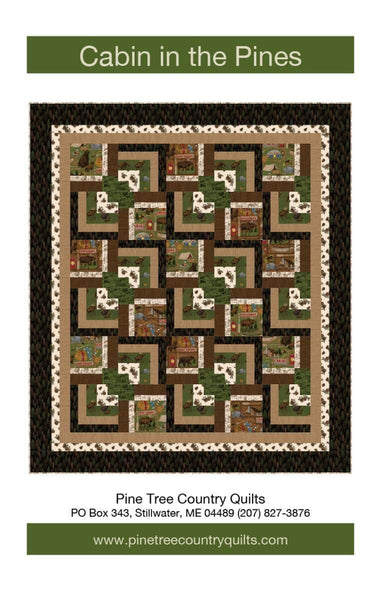 Image of the Cabin in the Pines quilt pattern by Pine Tree Country Quilts for Riley Blake Designs. Features a striped brown quilt. Cute Little Fabric Shop