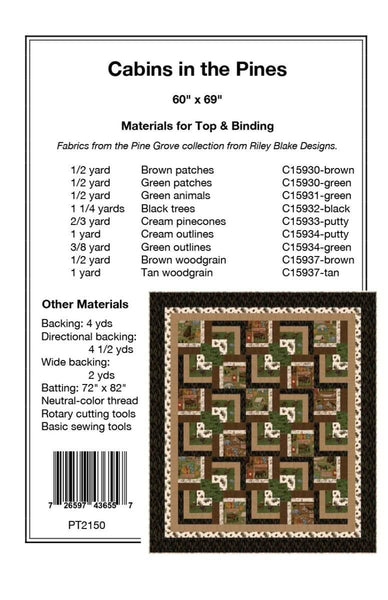 Image of the Cabin in the Pines quilt pattern by Pine Tree Country Quilts for Riley Blake Designs. Features the fabric requirements. Cute Little Fabric Shop