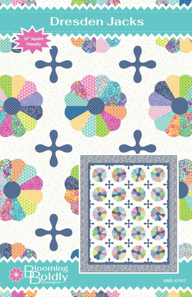 Image of the Dresden Jacks quilt pattern by Blooming Boldly Designs for Riley Blake Designs. Features dresdens and jacks on a quilt pattern. 
Cute Little Fabric Shop