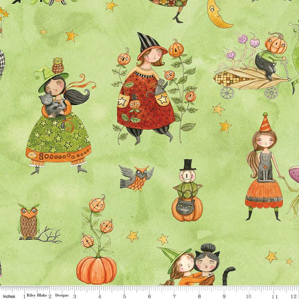 Image of the Ghoul Friends Main Green quilting cotton fabric by Teresa Kogut for Riley Blake Designs. Features halloween icons on a green background. Cute Little Fabric Shop