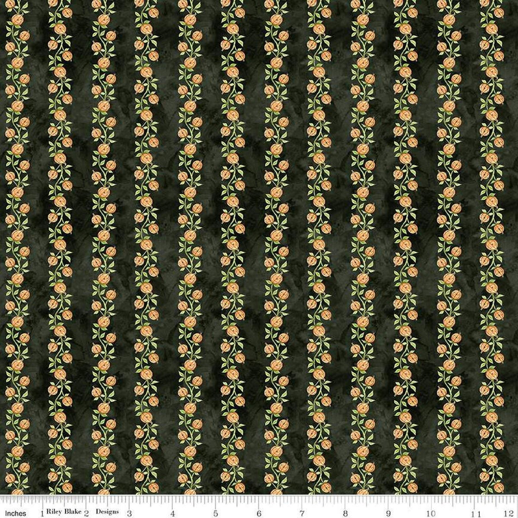 Image of the Ghoul Friends Pumpkin Vine Black quilting cotton fabric by Teresa Kogut for Riley Blake Designs. Features pumpkin stripes on a black background. Cute Little Fabric Shop