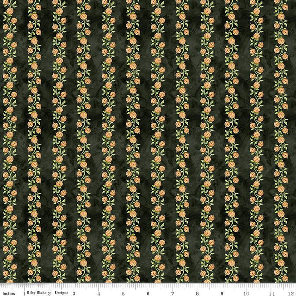 Image of the Ghoul Friends Pumpkin Vine Black quilting cotton fabric by Teresa Kogut for Riley Blake Designs. Features pumpkin stripes on a black background. Cute Little Fabric Shop