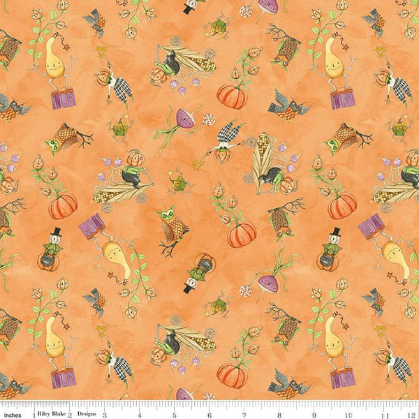 Image of the Ghoul Friends Boots Toss Orange quilting cotton fabric by Teresa Kogut for Riley Blake Designs. Features boots on an orange background. Cute Little Fabric Shop