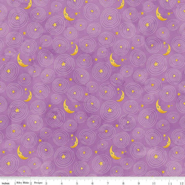 Image of the Ghoul Friends Stars and Moon Purple quilting cotton fabric by Teresa Kogut for Riley Blake Designs. Features stars and moon on a purple background. Cute Little Fabric Shop