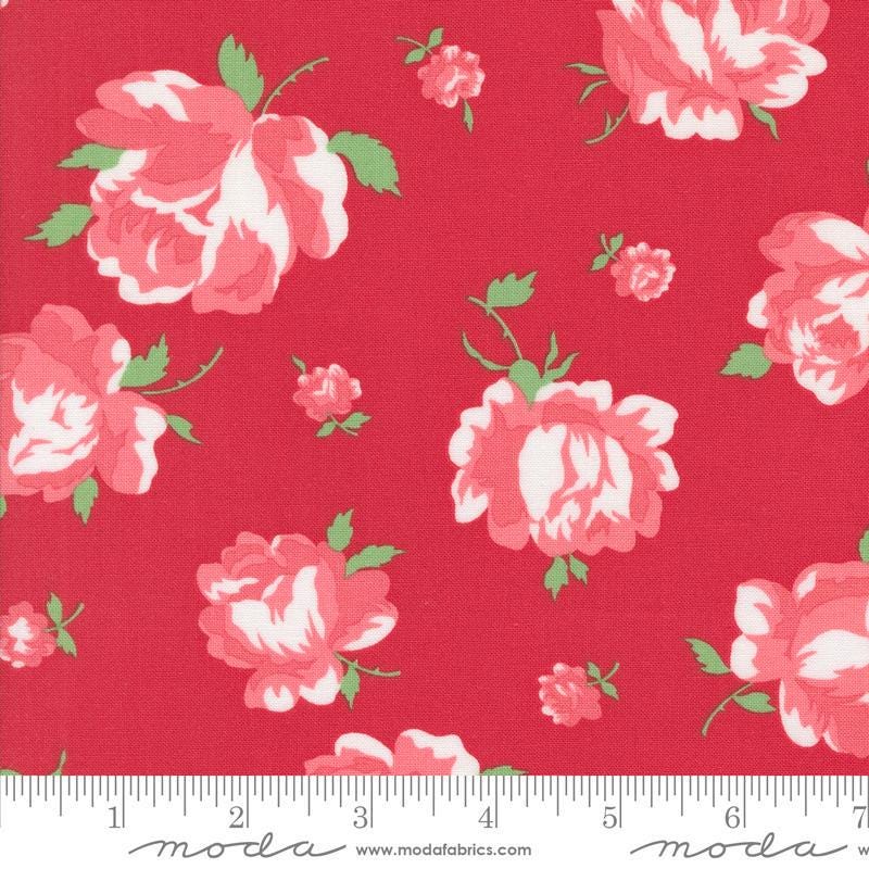 Image of the Summertime Rosie Red quilting cotton fabric by Moda Fabrics. Features flowers on a red background. Cute Little Fabric Shop