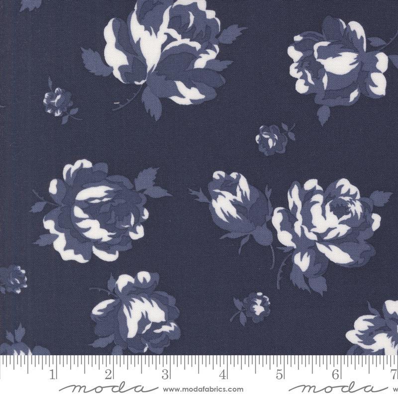 Image of the Summertime Rosie Navy quilting cotton fabric by Moda Fabrics. Features flowers on a blue background. Cute Little Fabric Shop