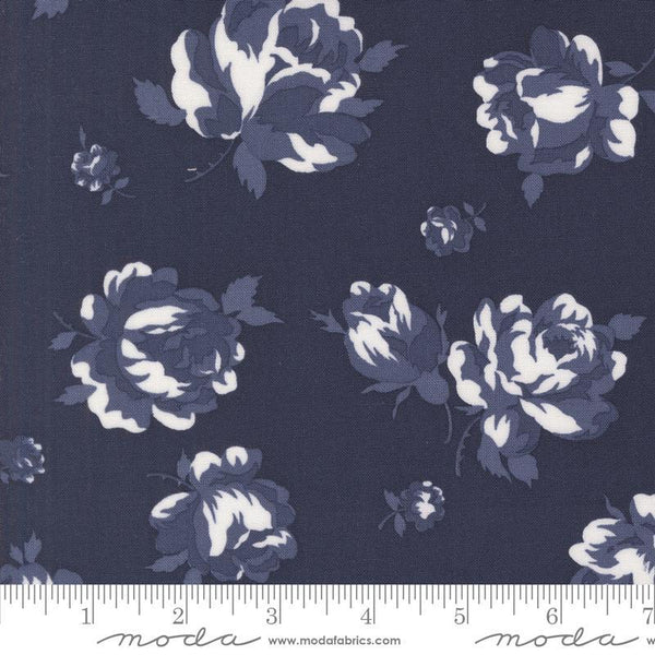 Image of the Summertime Rosie Navy quilting cotton fabric by Moda Fabrics. Features flowers on a blue background. Cute Little Fabric Shop