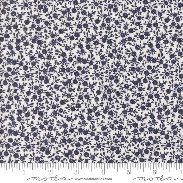 Image of the Summertime Bloom Cream Navy quilting cotton fabric by Moda Fabrics. Features flowers on a blue background. Cute Little Fabric Shop