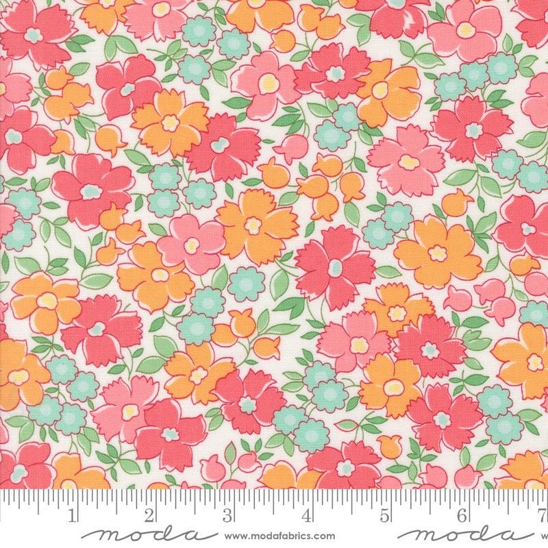 Image of the Summertime Garden Cream Pastel quilting cotton fabric by Moda Fabrics. Features flowers on a cream background. Cute Little Fabric Shop