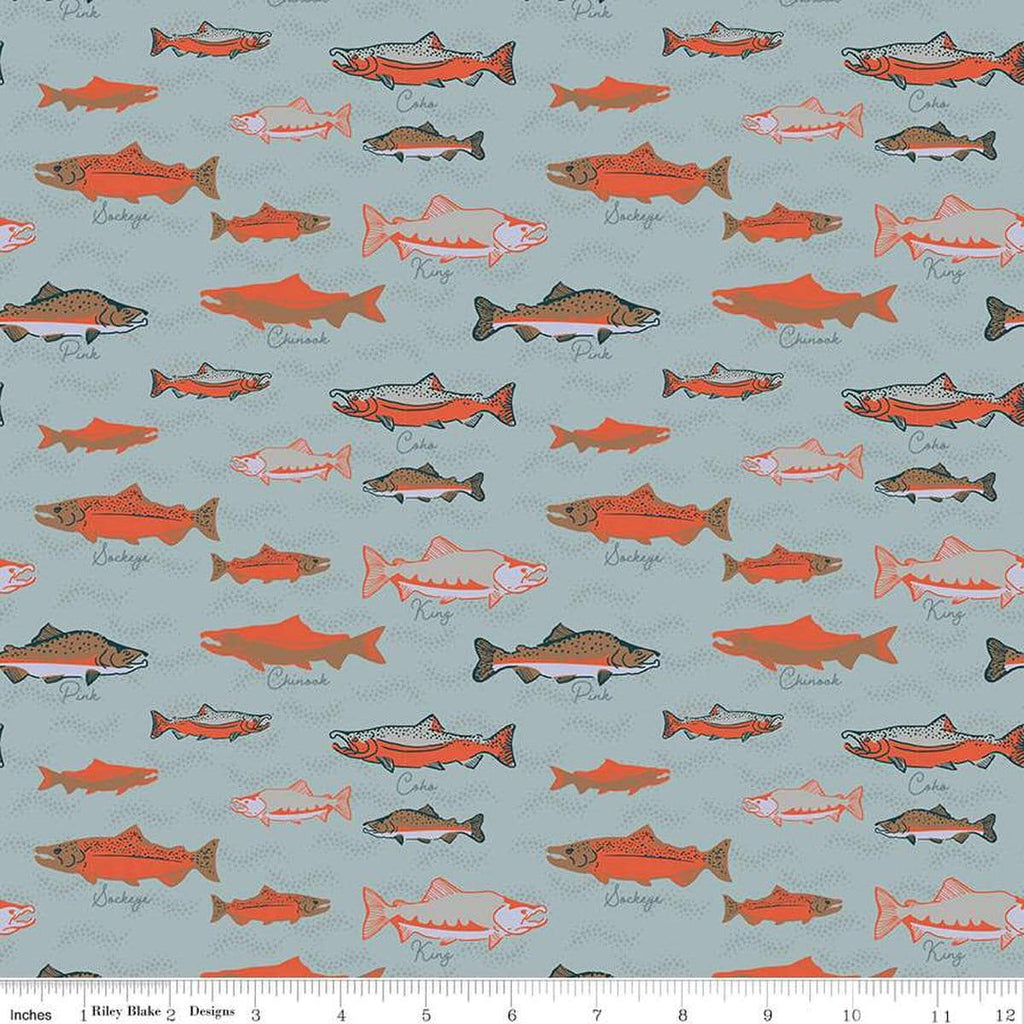 Image of the Alaska Whales Blue quilting cotton fabric by Riley Blake Designs. Features whales on a blue background. Cute Little Fabric Shop