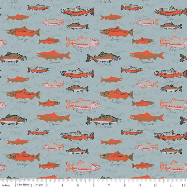 Image of the Alaska Whales Blue quilting cotton fabric by Riley Blake Designs. Features whales on a blue background. Cute Little Fabric Shop