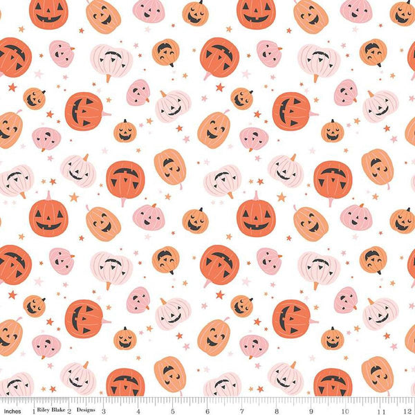 Image of the Hey Pumpkin Pumpkins White quilting cotton fabric by Riley Blake Designs. Features pumpkins on a white background. Cute Little Fabric Shop