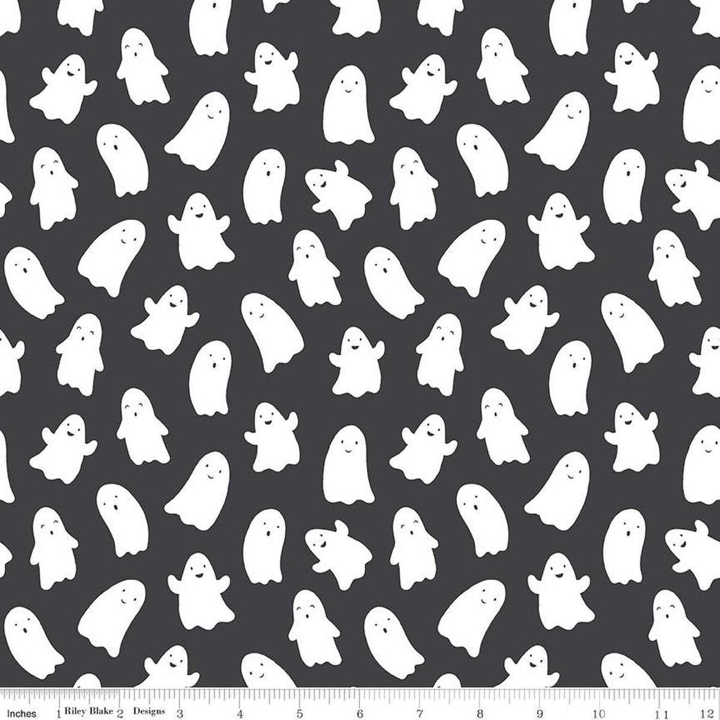 Image of the Hey Pumpkin Ghosts Charcoal quilting cotton fabric by Riley Blake Designs. Features ghosts on a black background. Cute Little Fabric Shop