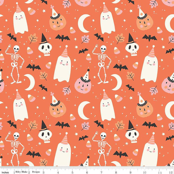 Image of the Hey Pumpkin Main Orange quilting cotton fabric by Riley Blake Designs. Features icons on an orange background. Cute Little Fabric Shop