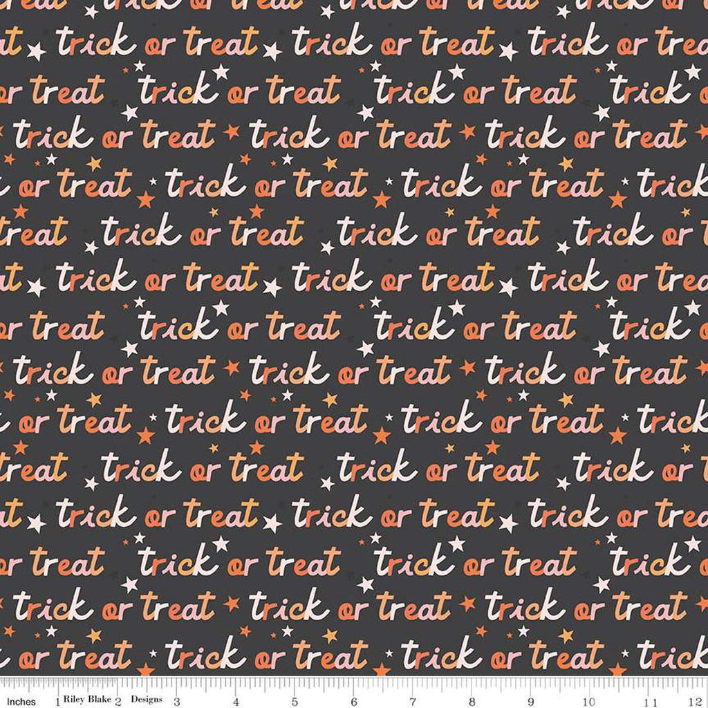 Image of the Hey Pumpkin Trick or Treat Charcoal quilting cotton fabric by Riley Blake Designs. Features text on a black background. Cute Little Fabric Shop