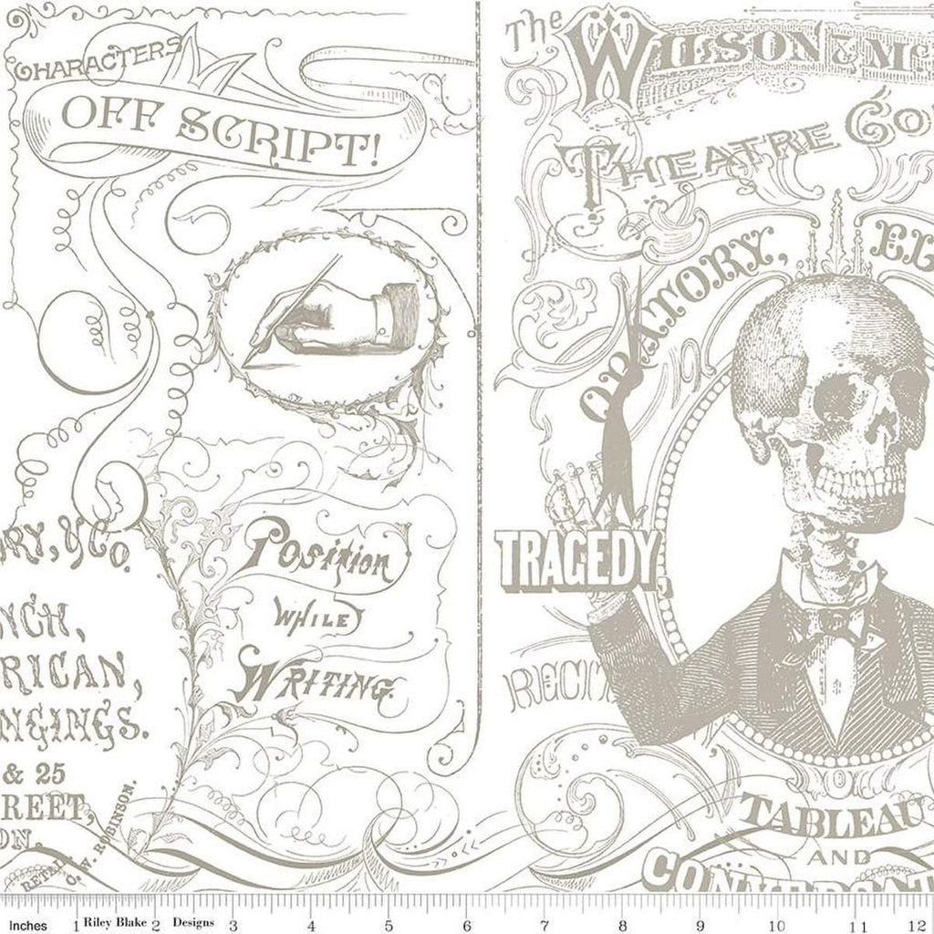 Image of the Costume Maker's Act II Theatre Conversation Gray quilting cotton fabric. Features text on a gray background. Cute Little Fabric Shop