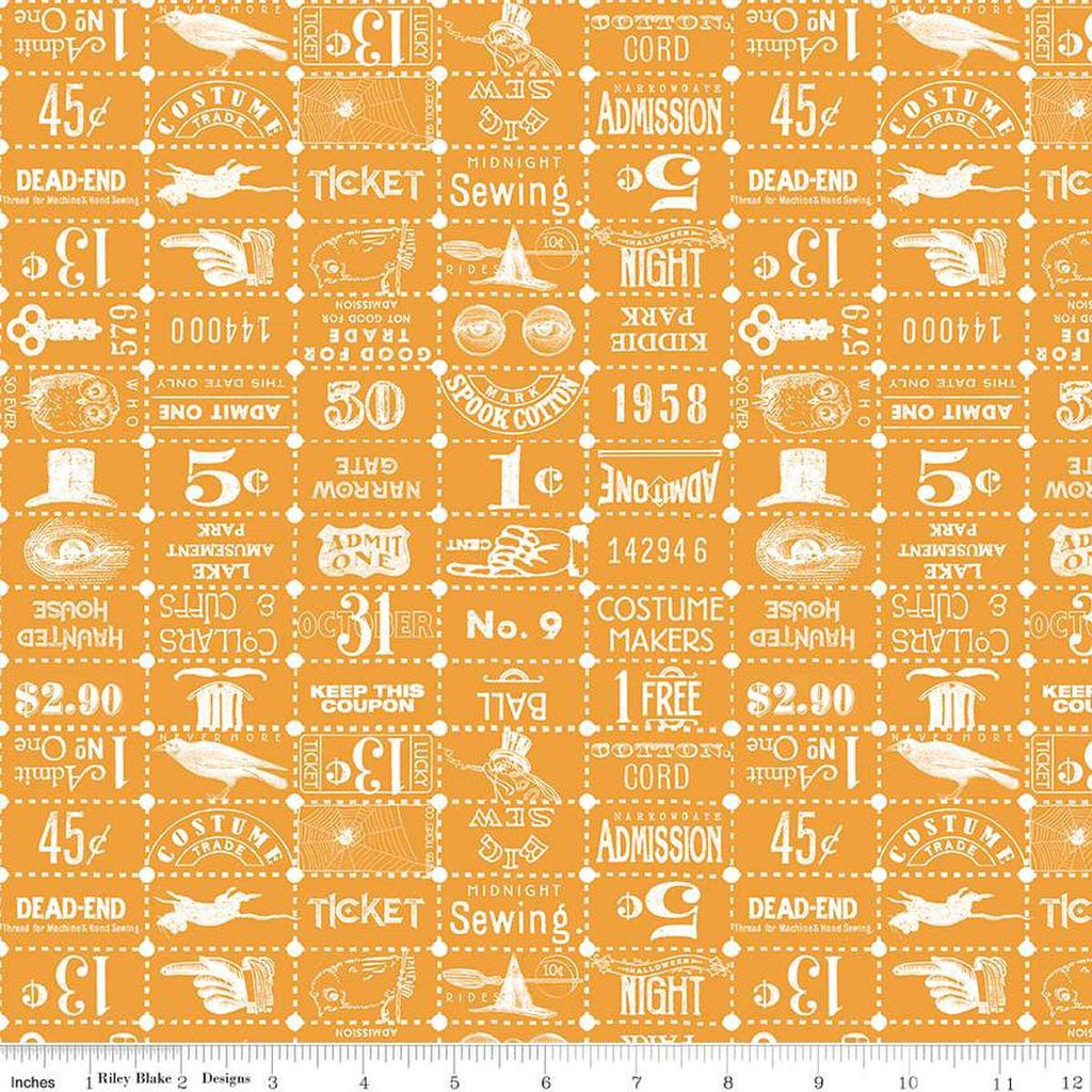 Image of the Costume Maker's Act II Ticket Grid Orange quilting cotton fabric. Features text on an orange background. Cute Little Fabric Shop