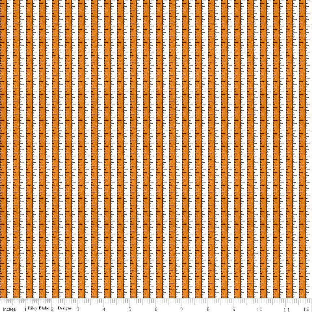 Image of the Costume Maker's Act II Tape Measure Orange quilting cotton fabric. Features rulers on an orange background. Cute Little Fabric Shop