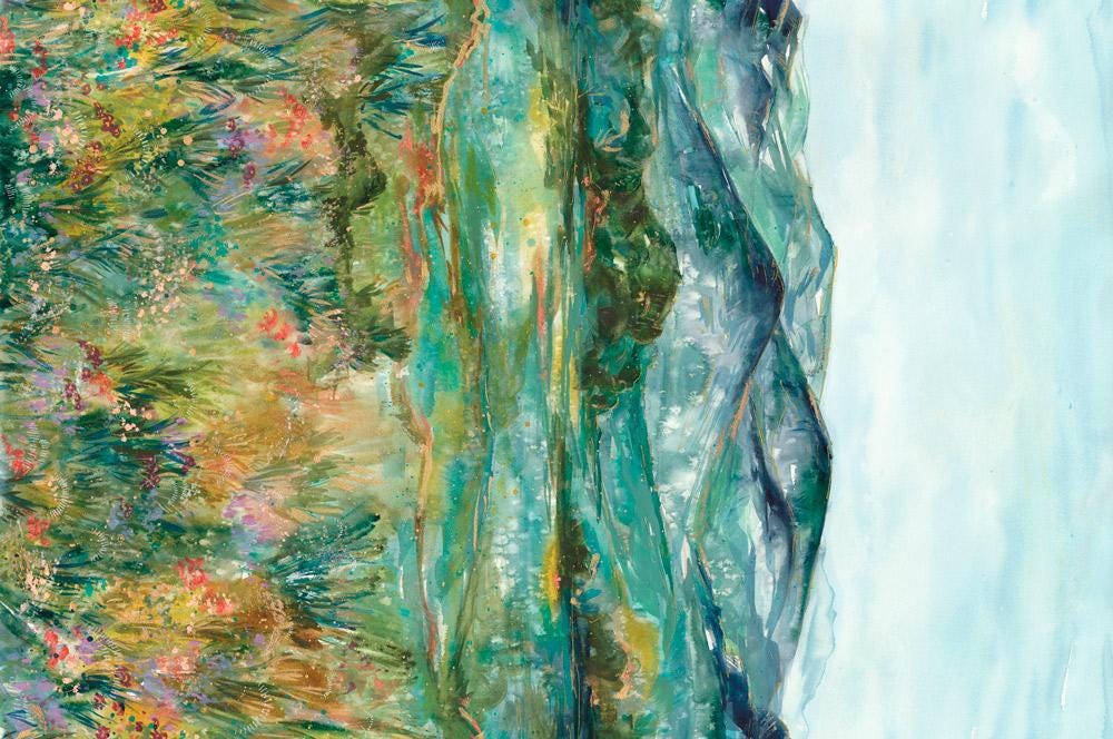 Image of the Wanderlust Landscape Mountains quilting cotton fabric. Features a landscape on a green background. Cute Little Fabric Shop