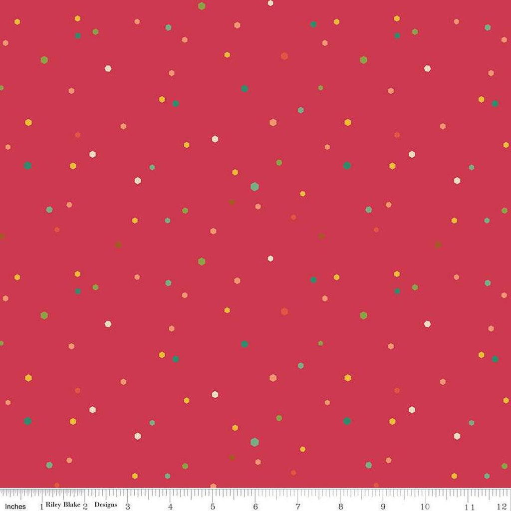Image of the Autumn Afternoon Hexi Dots Berry quilting cotton fabric by Heather Peterson for Riley Blake Designs. Features multicolored hexagon polka dots on a dark pink berry background. 
Cute Little Fabric Shop