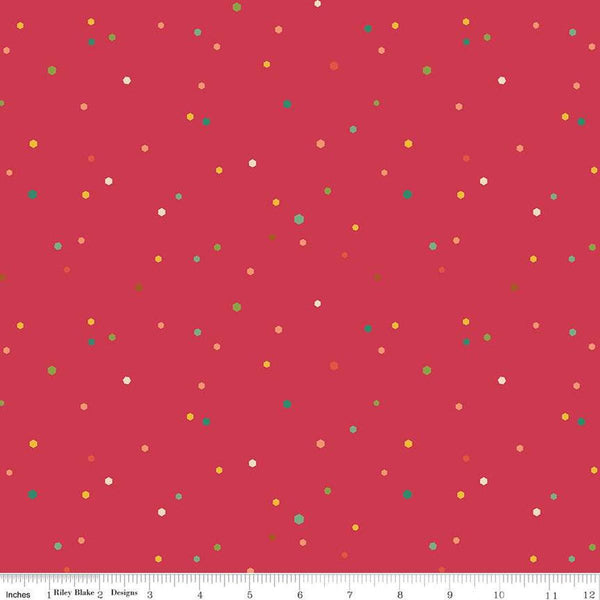 Image of the Autumn Afternoon Hexi Dots Berry quilting cotton fabric by Heather Peterson for Riley Blake Designs. Features multicolored hexagon polka dots on a dark pink berry background. 
Cute Little Fabric Shop