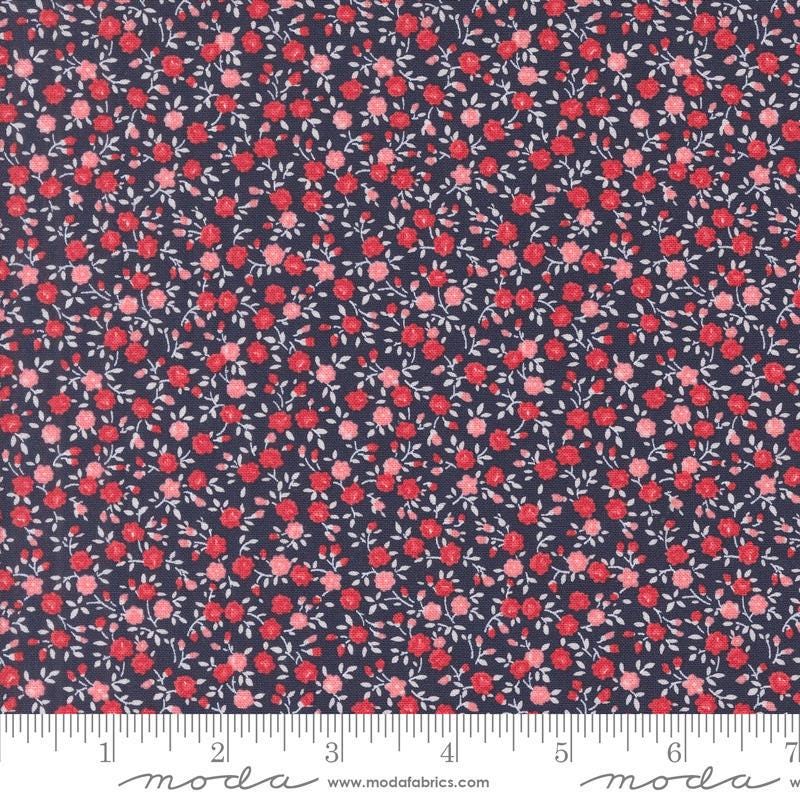 Image of the Summertime Bloom Navy quilting cotton fabric by Moda Fabrics. Features flowers on a blue background. Cute Little Fabric Shop