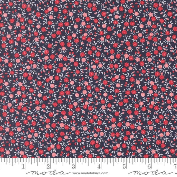 Image of the Summertime Bloom Navy quilting cotton fabric by Moda Fabrics. Features flowers on a blue background. Cute Little Fabric Shop