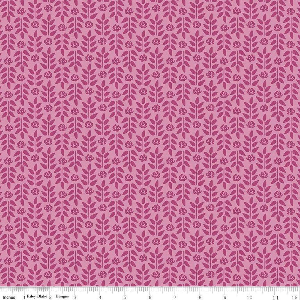 Image of the Morning Meadow Meadow Stems Orchid quilting cotton fabric. Features flowers on a pink background. Cute Little Fabric Shop