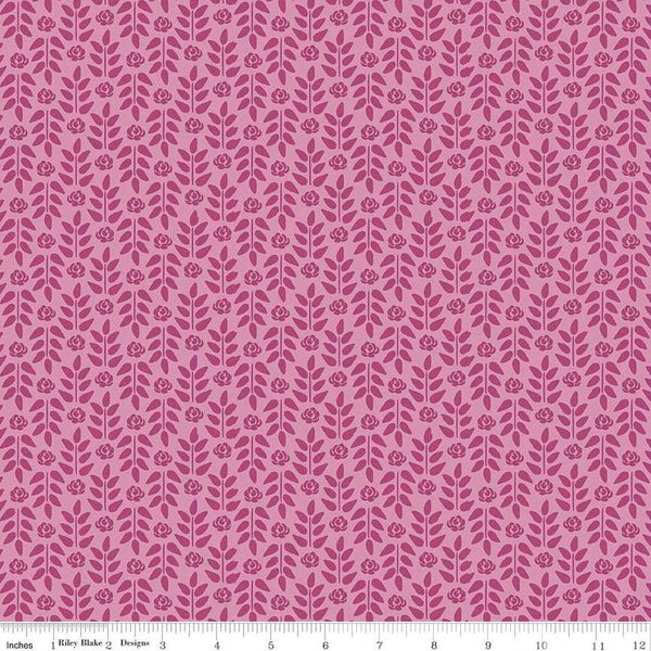 Image of the Morning Meadow Meadow Stems Orchid quilting cotton fabric. Features flowers on a pink background. Cute Little Fabric Shop