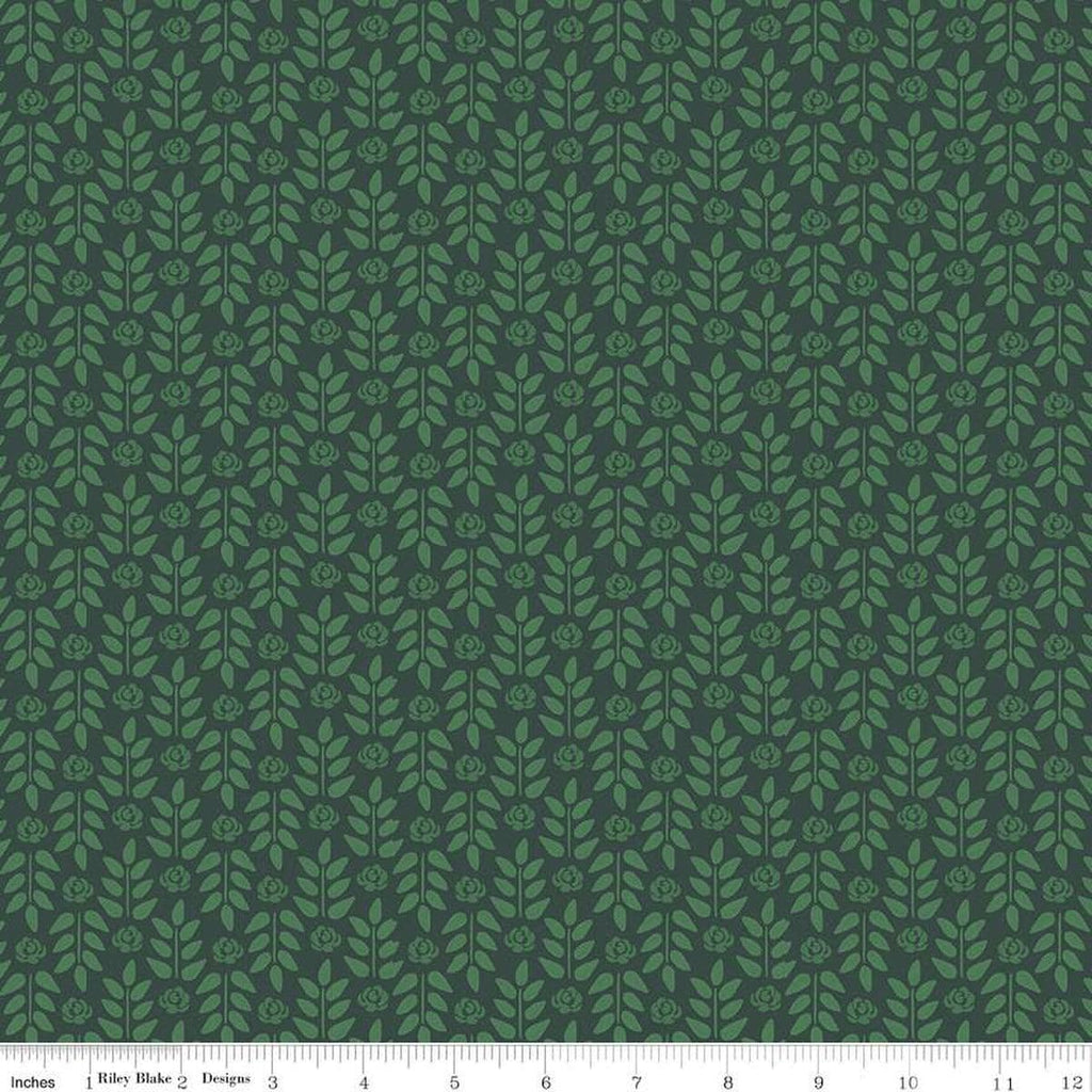 Image of the Morning Meadow Stems Green quilting cotton fabric. Features sprigs on a green background. Cute Little Fabric Shop