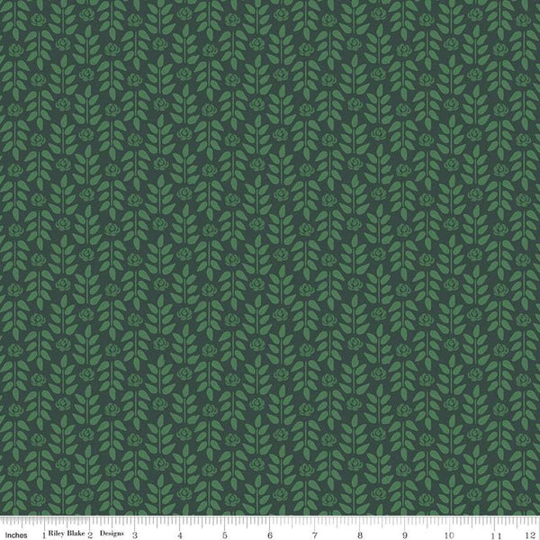 Image of the Morning Meadow Stems Green quilting cotton fabric. Features sprigs on a green background. Cute Little Fabric Shop