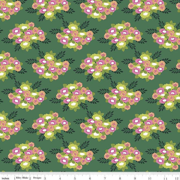 Image of the Morning Meadow Bouquets Green quilting cotton fabric. Features flowers on a green background. Cute Little Fabric Shop
