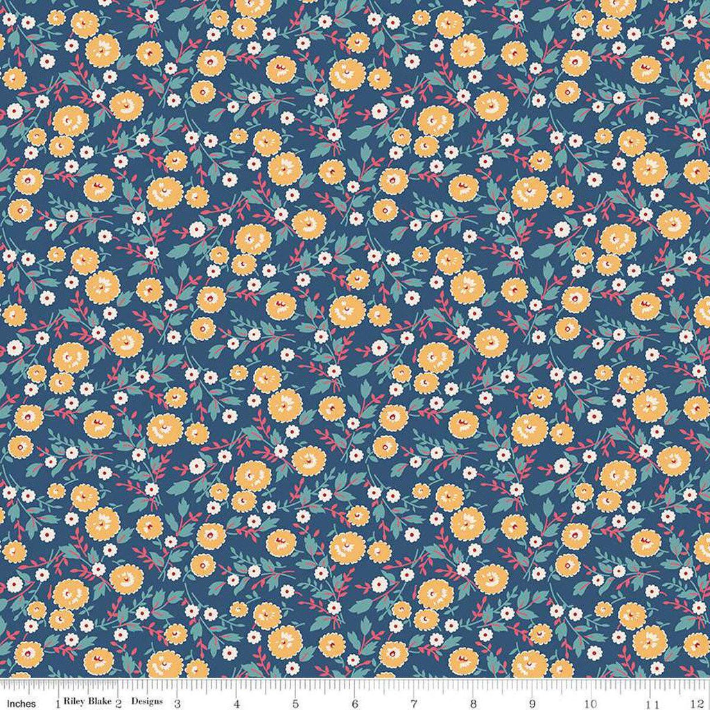 Image of the Americana Freedom Dark Denim quilting cotton fabric by Lori Holt for Riley Blake Designs. Features flowers on a blue background. Cute Little Fabric Shop