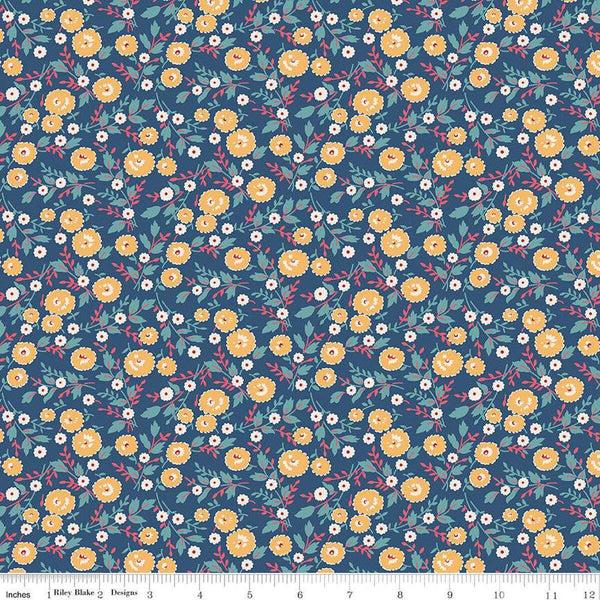 Image of the Americana Freedom Dark Denim quilting cotton fabric by Lori Holt for Riley Blake Designs. Features flowers on a blue background. Cute Little Fabric Shop