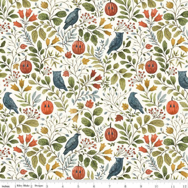 Image of the Trick or Treat Foliage Cream quilting cotton fabric by Lisa Audit for Riley Blake Designs. Features halloween icons on a cream background. Cute Little Fabric Shop