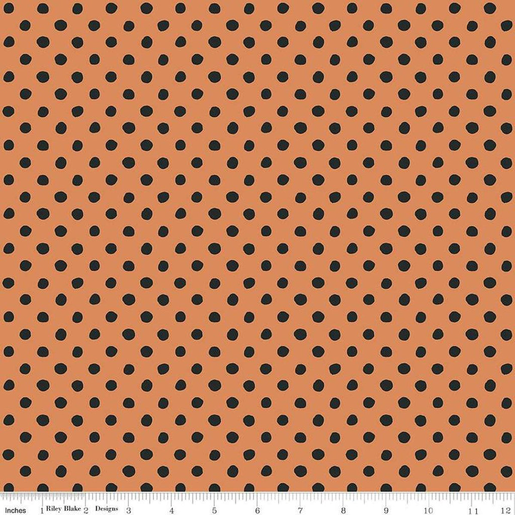 Image of the Trick or Treat Dots Orange quilting cotton fabric by Lisa Audit for Riley Blake Designs. Features dots on an orange background. Cute Little Fabric Shop