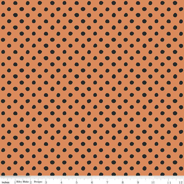Image of the Trick or Treat Dots Orange quilting cotton fabric by Lisa Audit for Riley Blake Designs. Features dots on an orange background. Cute Little Fabric Shop