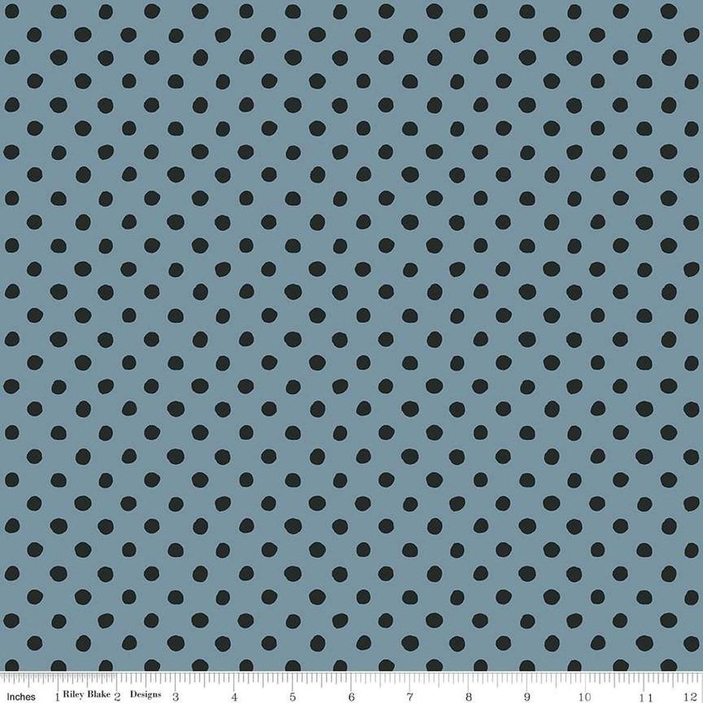 Image of the Trick or Treat Dots Dusk quilting cotton fabric by Lisa Audit for Riley Blake Designs. Features dots on a blue background. Cute Little Fabric Shop